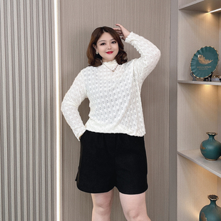 蕾丝打底衫 秋装 胖mm宽松显瘦高级感洋气花边领长袖 T恤上衣 女大码
