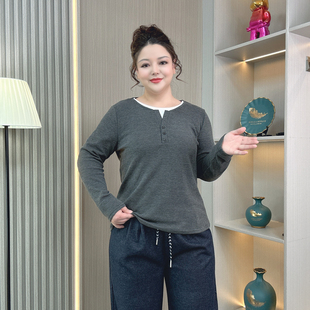 女装 胖mm显瘦软糯内搭打底衫 假两件正肩长袖 新款 上衣 t恤秋季 大码