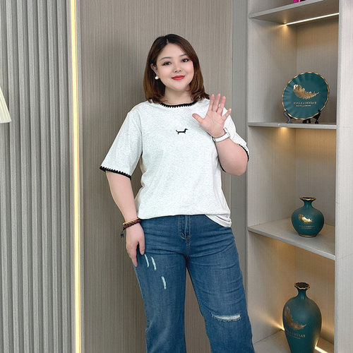大码夏季纯棉撞色花边短袖T恤女