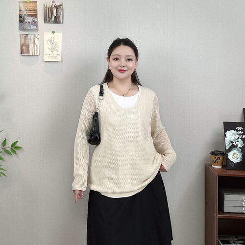 假两件镂空针织衫女大码休闲上衣