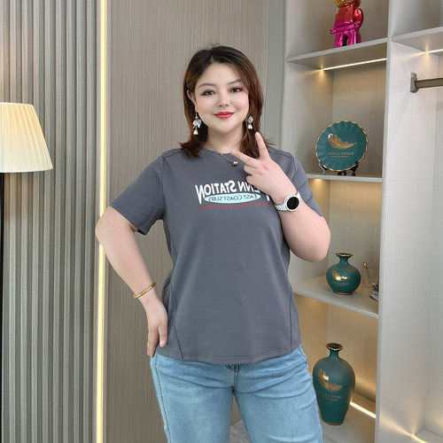 大码女装夏季新款鱼骨显瘦棉T恤