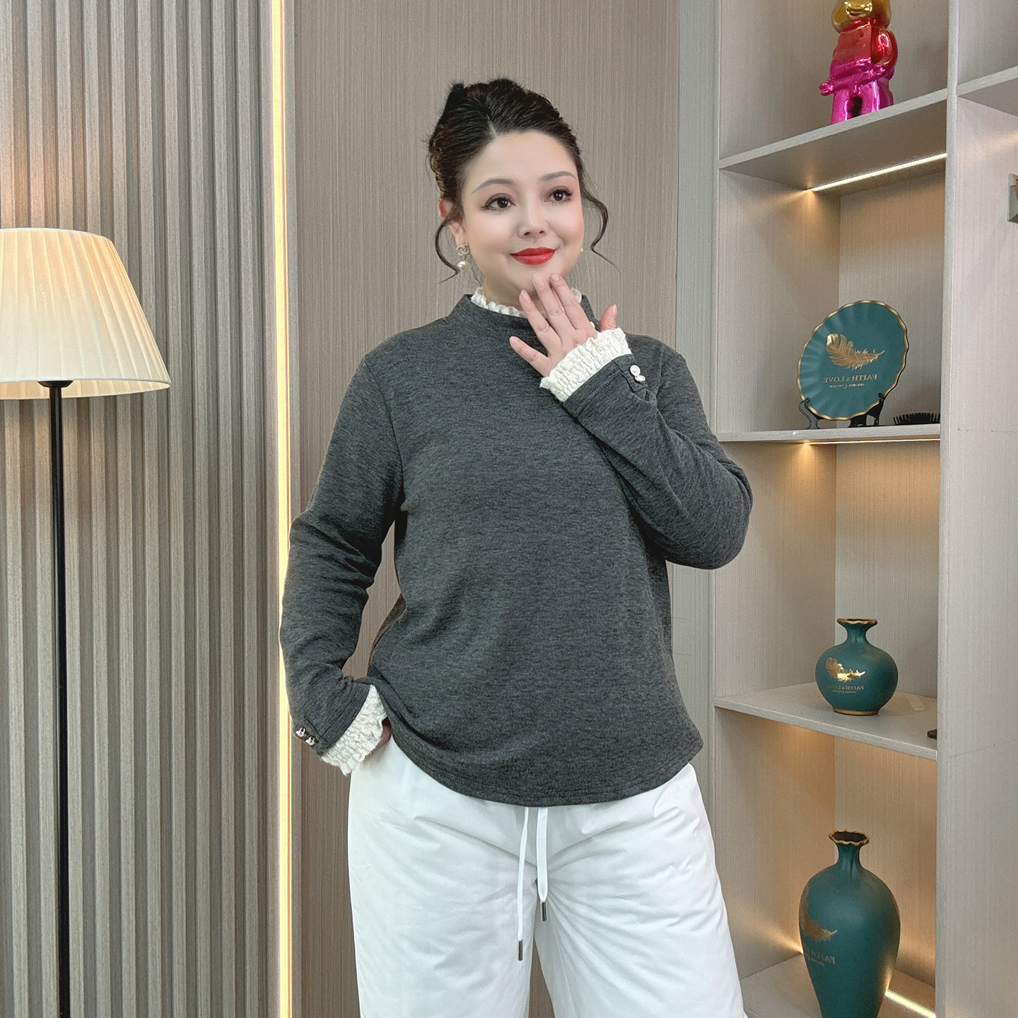 大码女上衣半高领蕾丝拼接打底衫