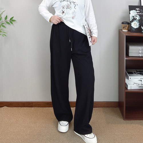 抽绳高腰阔腿裤女大码直筒休闲裤