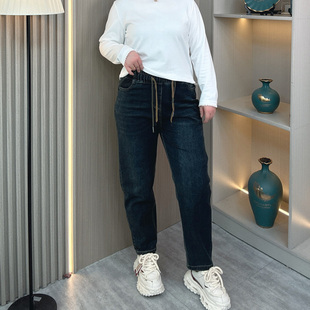 胖mm显瘦高腰弹力老爹裤 松紧腰哈伦牛仔裤 大码 新款 女宽松春夏秋装