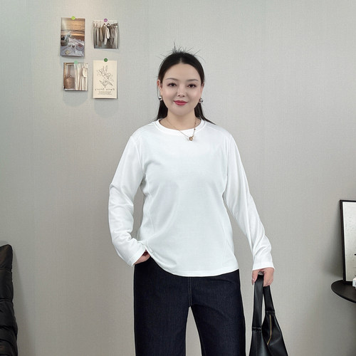 大码春秋新款鱼骨线条长袖T恤女