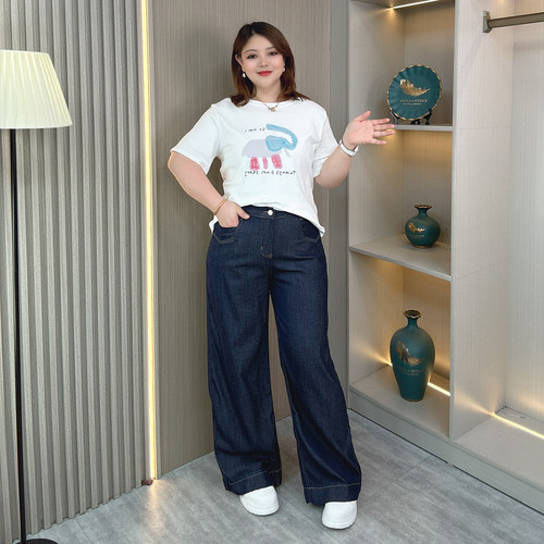 大码女装微胖mm莱赛尔天丝牛仔裤