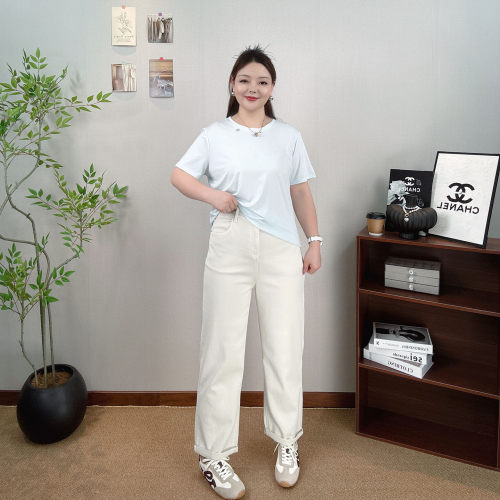 大码高腰显瘦直筒牛仔裤女阔腿裤