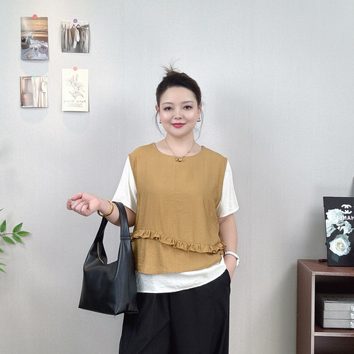 假两件撞色短袖上衣女夏大码小衫