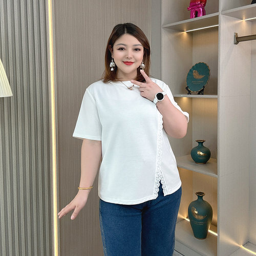 蕾丝花边开叉短袖T恤女夏季大码