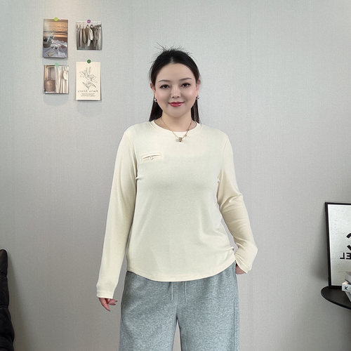 大码春秋装圆领长袖T恤女打底衫