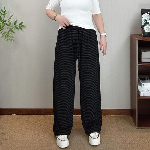 条纹阔腿裤女秋季大码休闲直筒裤