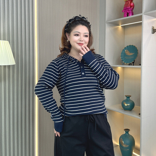 胖mm休闲减龄上衣 大码 蓝色条纹连帽针织衫 女毛衣2025秋季