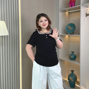 韩版 大码 女t恤夏季 女装 独特设计感漂亮别致显瘦上衣 胖mm方领短袖
