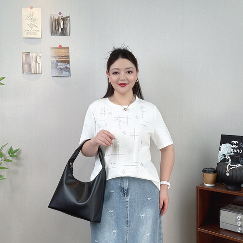 大码女夏装重工烫钻短袖T恤上衣
