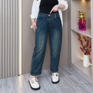 半松紧高腰牛仔裤女春秋装新款大码胖mm宽松显瘦休闲老爹哈伦裤子