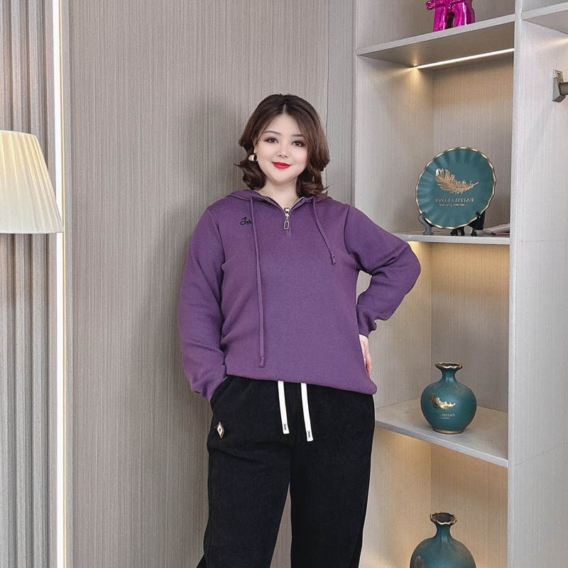 秋冬新款刺绣针织衫女大码装胖mm宽松显瘦休闲时尚半拉链连帽毛衣,女装/女士精品,大码内搭,淘宝优惠券,粉丝福利购,淘宝优惠卷