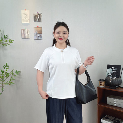 大码时尚立领短袖T恤女拉链上衣