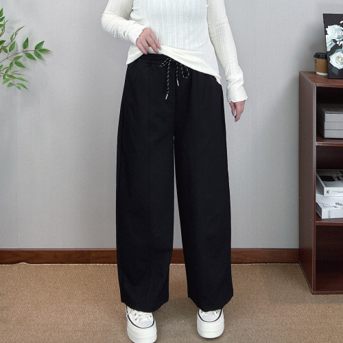高腰抽绳九分阔腿裤女休闲直筒裤