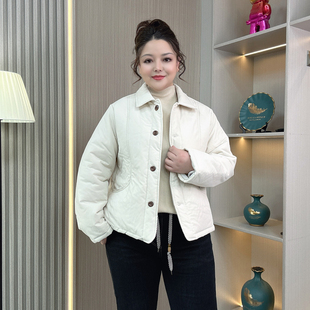 新款 季 宽松显瘦百搭轻薄棉服 胖mm简约翻领棉衣短外套女秋冬装 大码