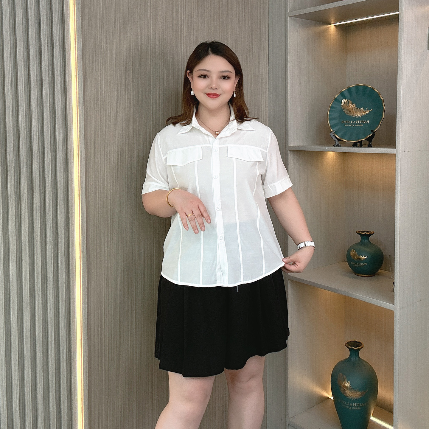 韩版气质大码立体裁剪短袖衬衫女