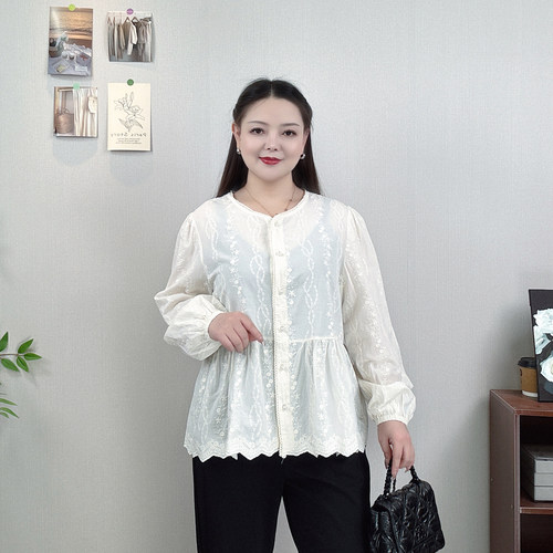 法式纯棉刺绣长袖衬衫女打底上衣