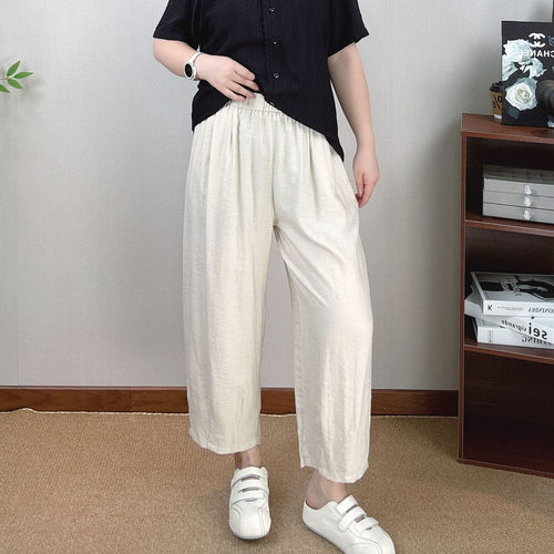 高腰亚麻阔腿裤女大码直筒休闲裤