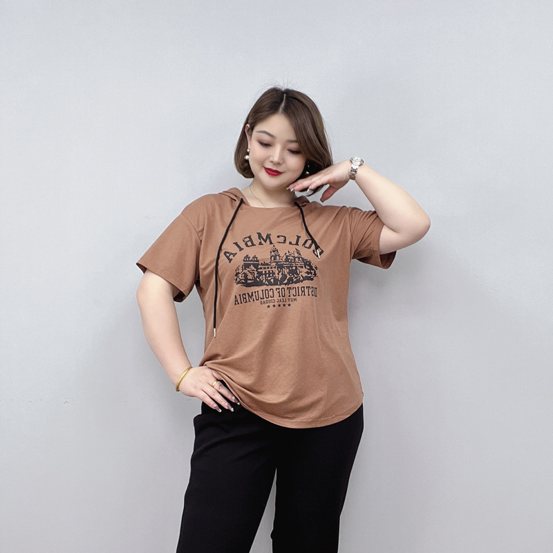连帽T恤女显瘦休闲印花短袖上衣