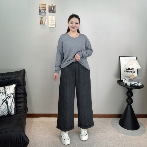 大码松紧高腰阔腿裤女休闲九分裤