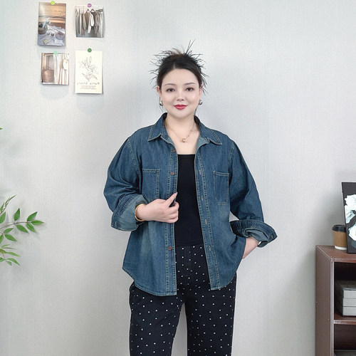 复古长袖牛仔衬衫外套女秋装大码