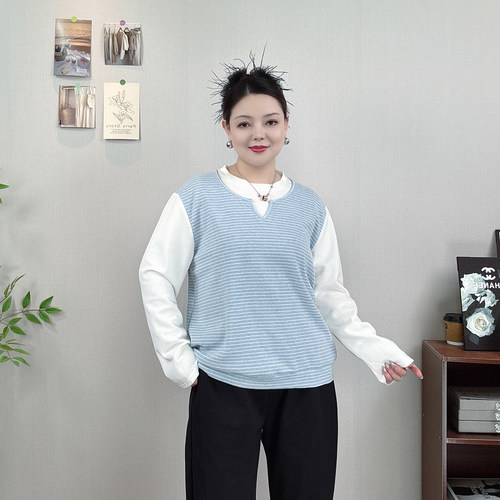 假两件条纹长袖T恤大码打底卫衣