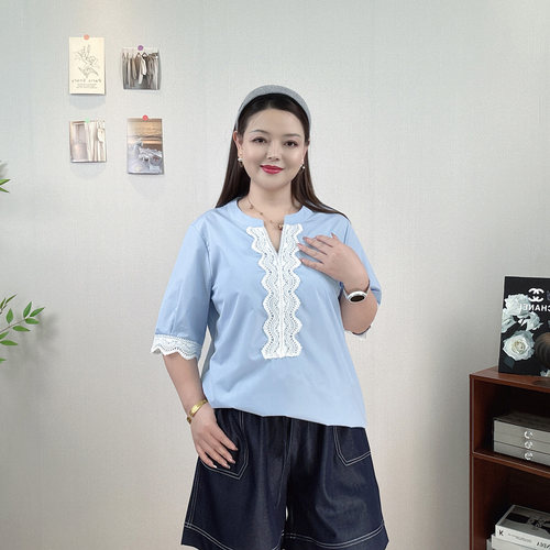 大码女装蕾丝花边衬衫五分袖上衣
