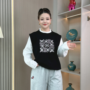 胖mm显瘦宽松遮肚时尚 假两件拼接长袖 大码 新款 上衣 卫衣女2026春季