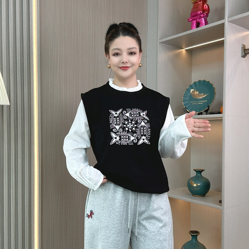 2026假两件拼接长袖卫衣女装上衣