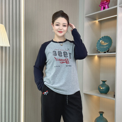 大码美式撞色插肩袖长袖t恤女