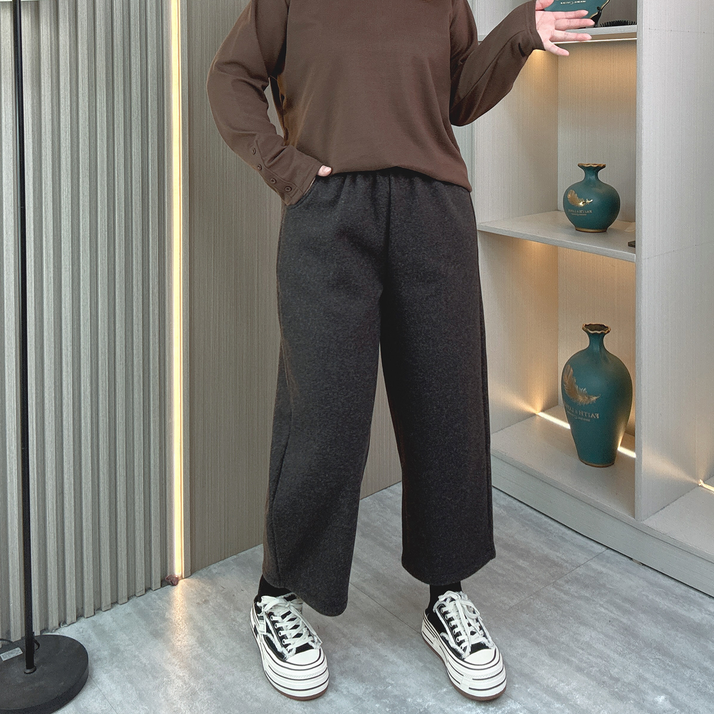 毛呢高腰加绒九分休闲裤女冬季