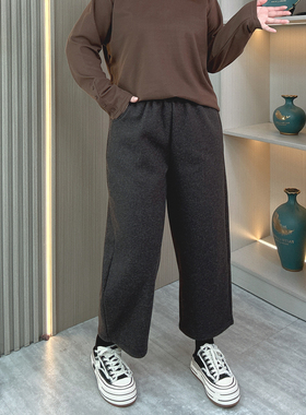 毛呢高腰加绒九分休闲裤女冬季大码胖mm宽松显瘦小个子百搭阔腿裤