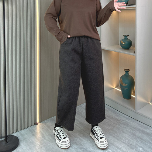 毛呢高腰加绒九分休闲裤女冬季