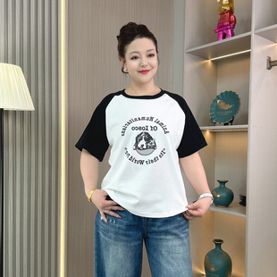 新品 撞色插肩袖 印花T恤女大码 夏装 上衣 胖mm宽松显瘦百搭休闲短袖