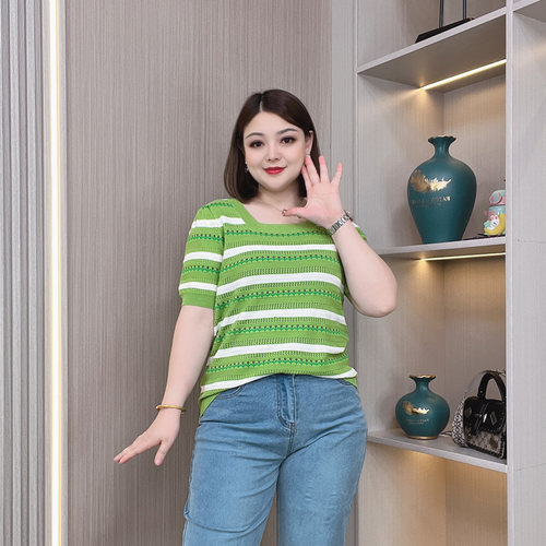 方领冰丝针织衫镂空短袖t恤上衣