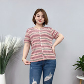 上衣设计感渐变条纹短袖 2026新款 胖mm冰丝针织开衫 大码 t恤女 薄款
