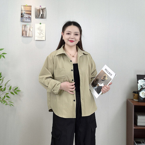 大码翻领衬衫外套女休闲长袖上衣