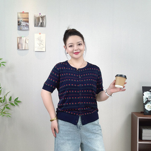 大码女夏装薄款冰丝针织开衫上衣
