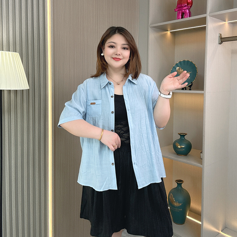 大码夏胖mm宽松显瘦褶皱短袖衬衫