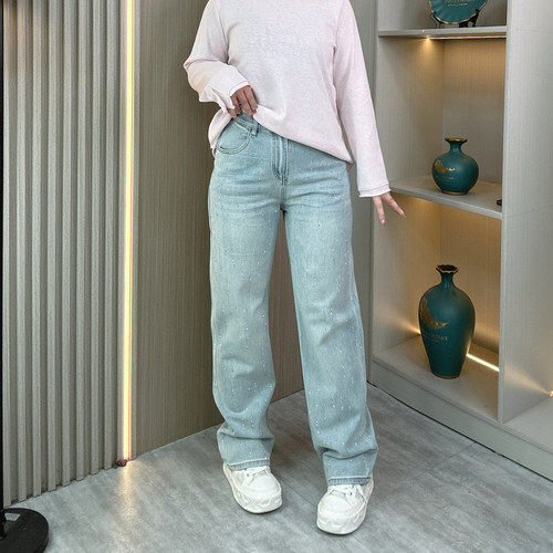 复古烫钻直筒牛仔裤女休闲阔腿裤