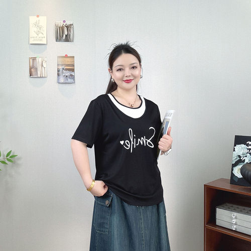 假两件字母印花短袖T恤女夏上衣