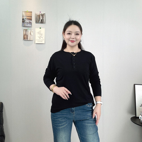 大码女装黑色纽扣长袖T恤打底衫