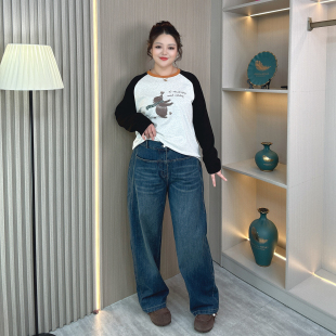 梨形身材胖mm遮胯显瘦阔腿裤 美式 女春秋新款 弯刀牛仔裤 子 复古大码