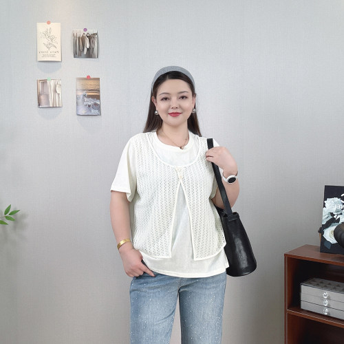 大码假两件镂空短袖T恤女装上衣