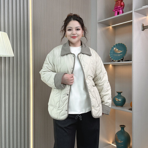 灯芯绒撞色菱格棉衣翻领棉服秋冬