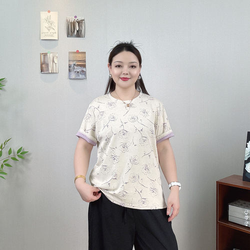 烧花玫瑰圆领短袖T恤女大码上衣